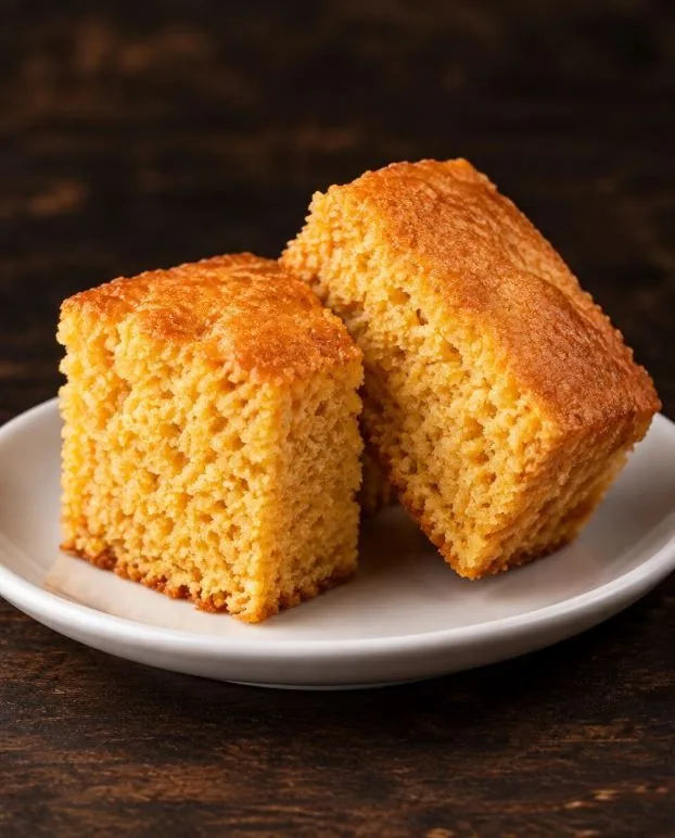 Golden cornbread squares cooling on a rustic wooden board