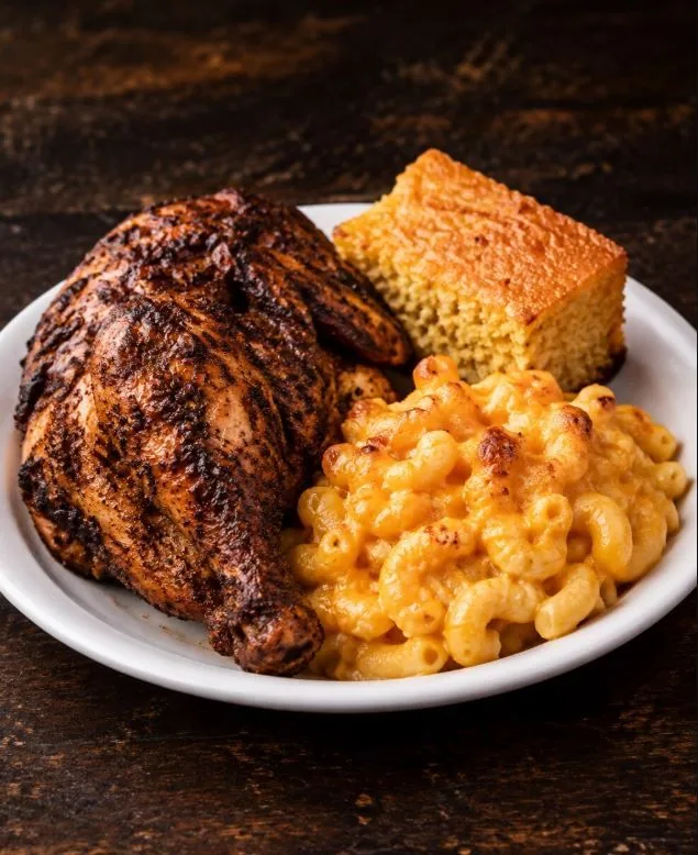 Half a roasted chicken with crisp skin on a dinner plate
