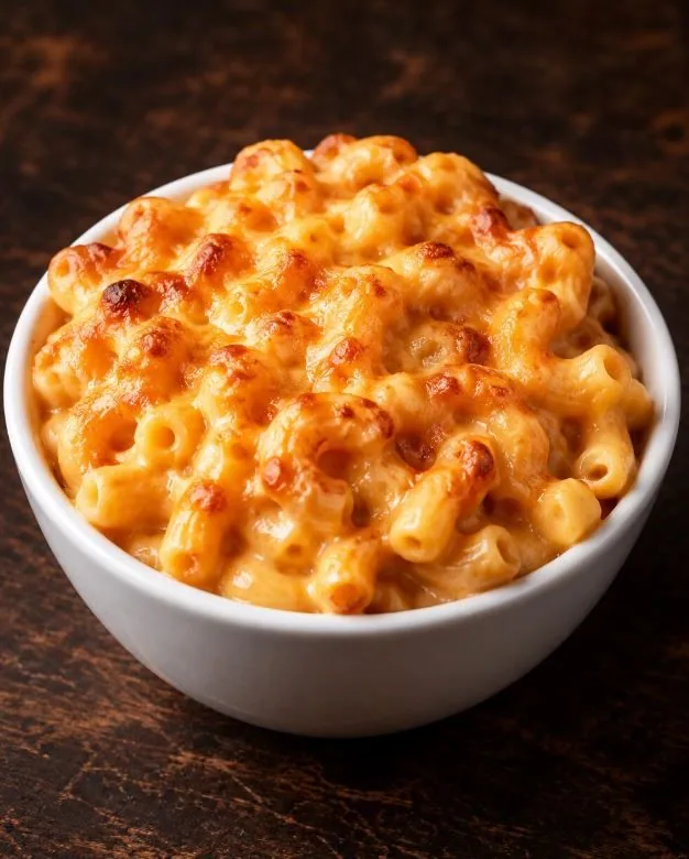 Close-up of bubbling baked macaroni and cheese with a browned top