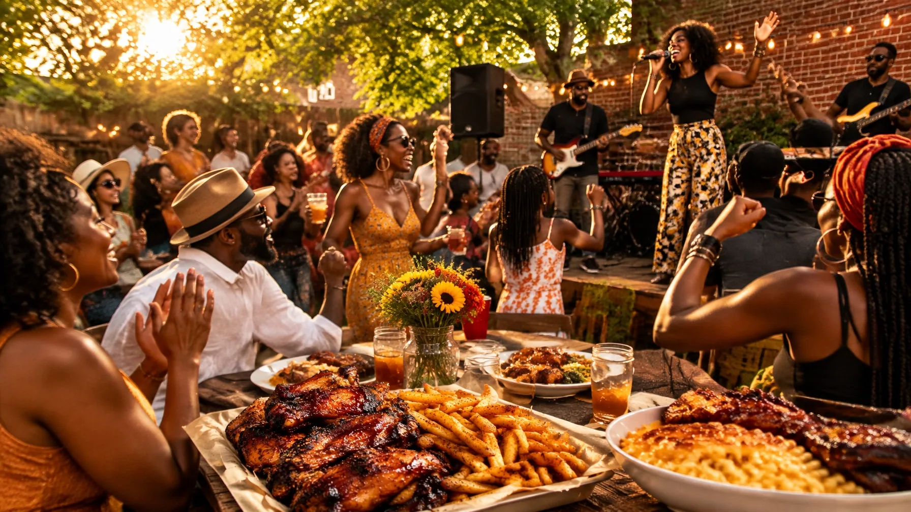 A live band performing while guests cheer at an outdoor Sunday soul food party