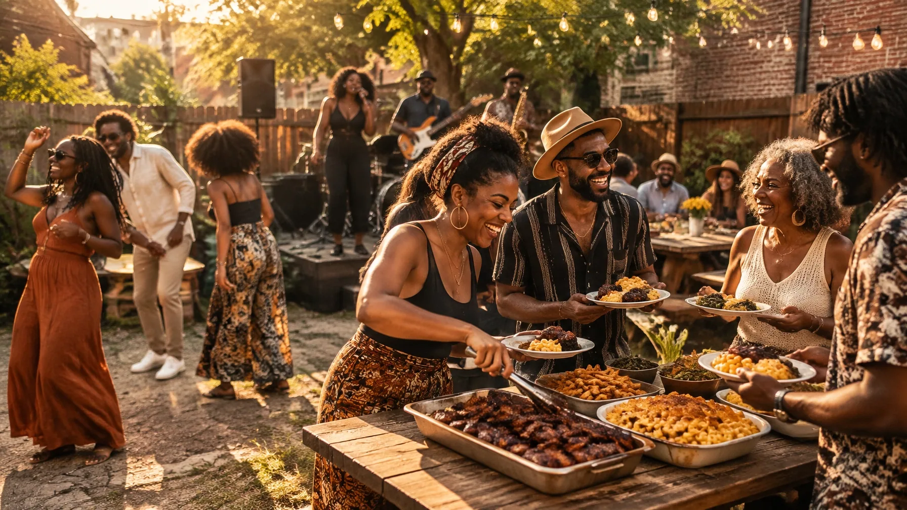 Friends dancing, laughing, and sharing soul food at a golden-hour backyard party
