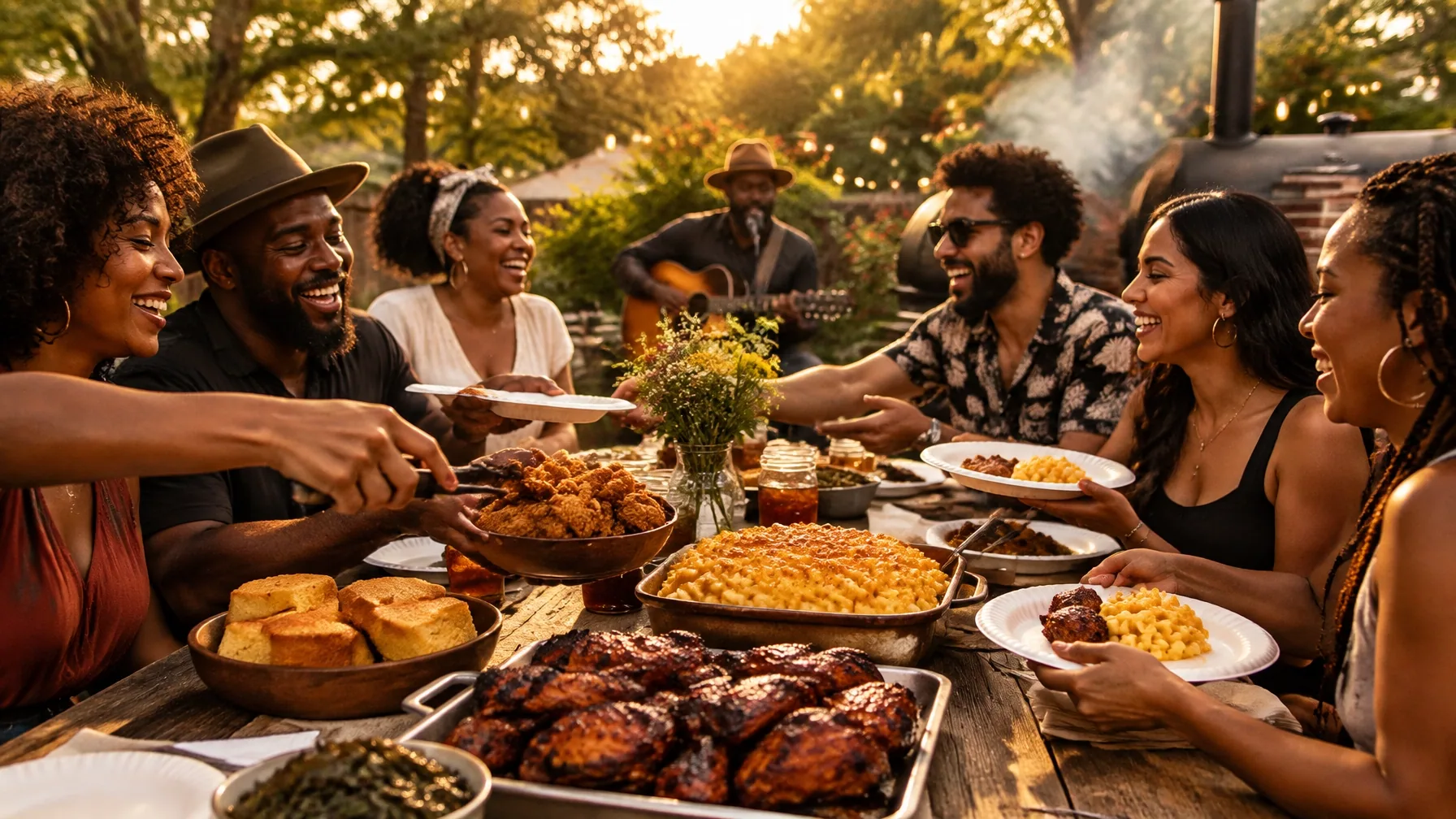 A multicultural group passing fried chicken and mac and cheese around a long outdoor table