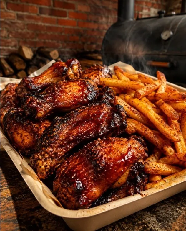 Smoky wings and seasoned fries beside a backyard smoker