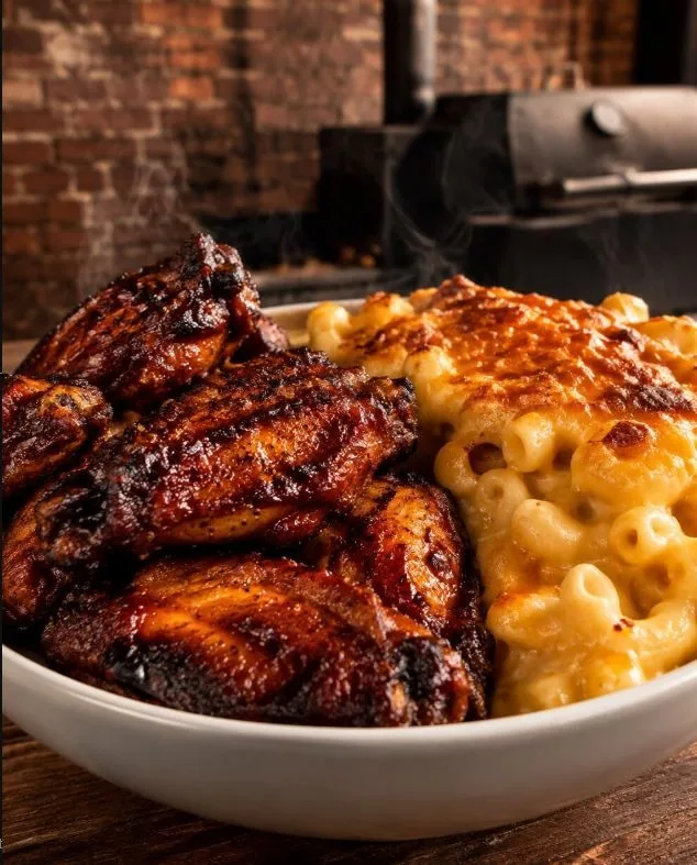 Crispy chicken wings served with creamy baked macaroni and cheese